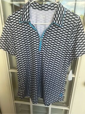 Jofit Black & White Geometric Polo with Teal Zip Accents